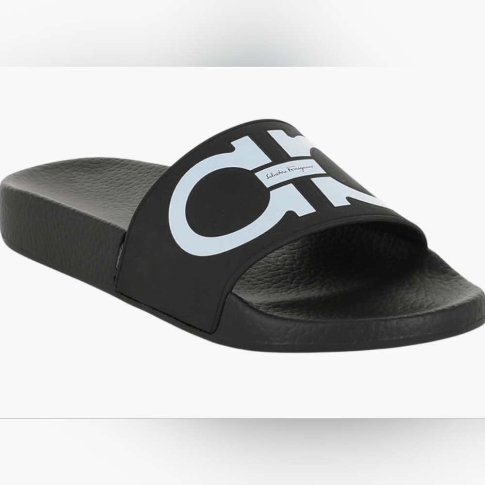 NIB-$340 Ferragamo Black White Groovy Slides-8
